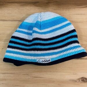Adidas Striped Beanie Hat Blue White Black Crochet Fleece Lined Reversible